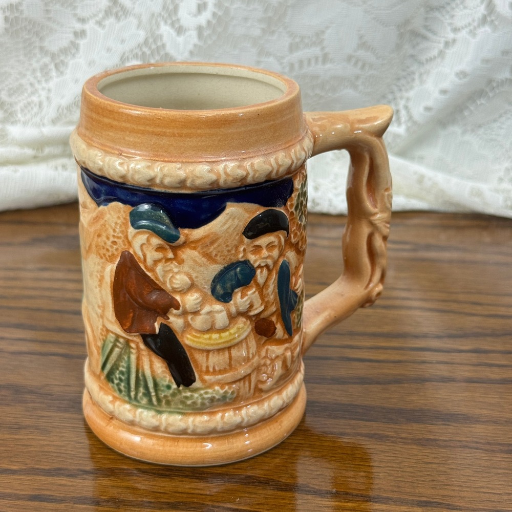 Vintage Japan Ceramic Beer Stein Embossed Tavern Scene Cabin Relief Mug 5in